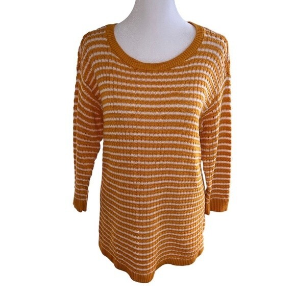 Talbots Open Knit Sweater Mustard Cream Striped Cotton Stretch Size MP - Picture 1 of 10